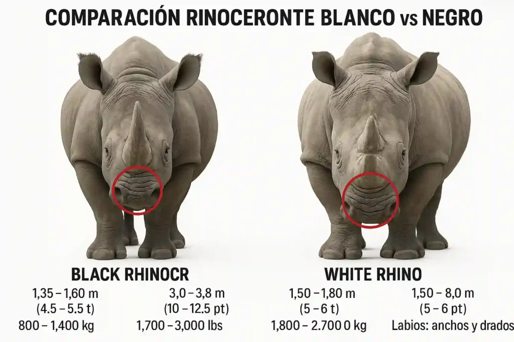 Rinoceronte Blanco o Negro: Descubre sus 10 Secretos Increíbles Diferencias físicas entre rinoceronte blanco y negro en vista frontal