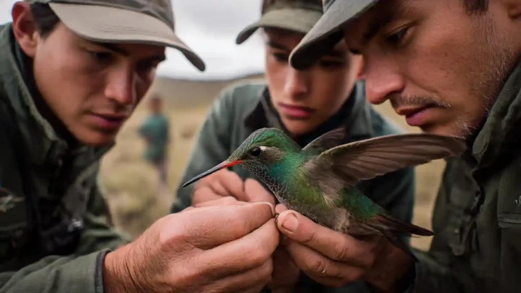 El Colibrí: Descubre 10 Secretos de estos Increíbles Animales que Te Dejarán Sin Aliento Equipo de ornitólogos y conservacionistas observando a un colibrí durante labores de monitoreo en el campo