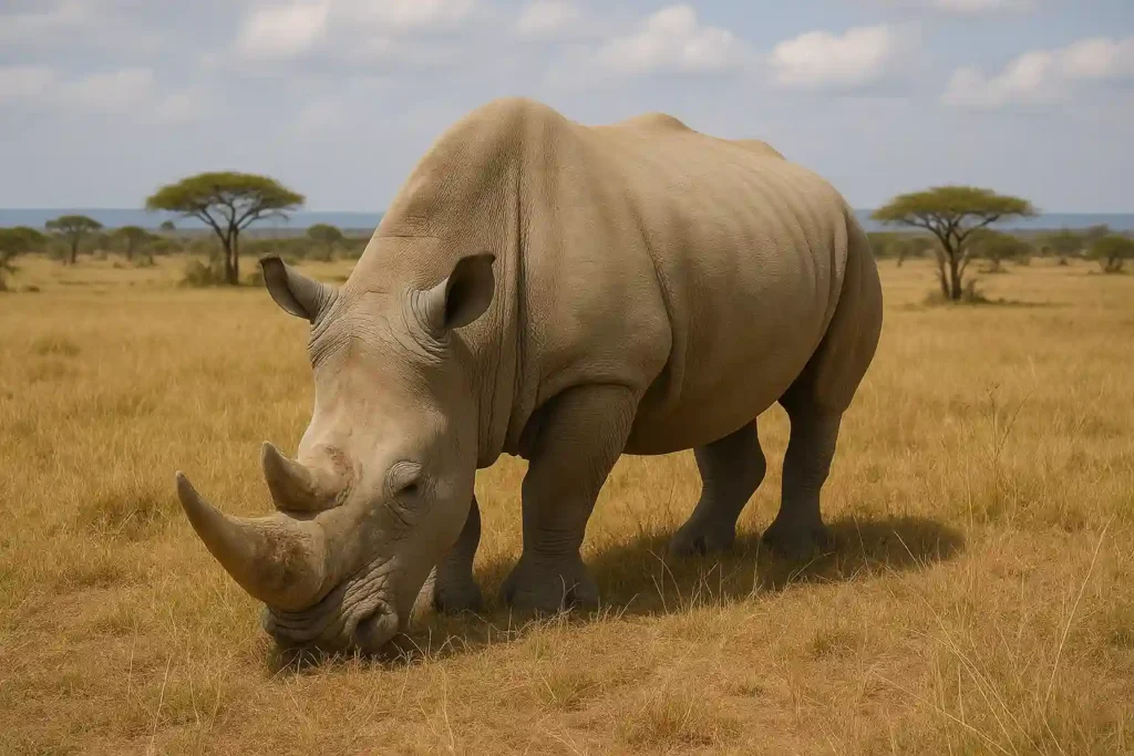 Rinoceronte Blanco o Negro: Descubre sus 10 Secretos Increíbles Rinoceronte blanco alimentándose de hierba en la sabana africana